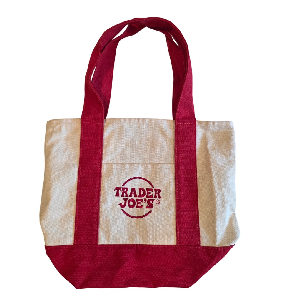 Trader Joe's Mini Canvas Tote Bag Red Cream Embroidered Logo Handbag